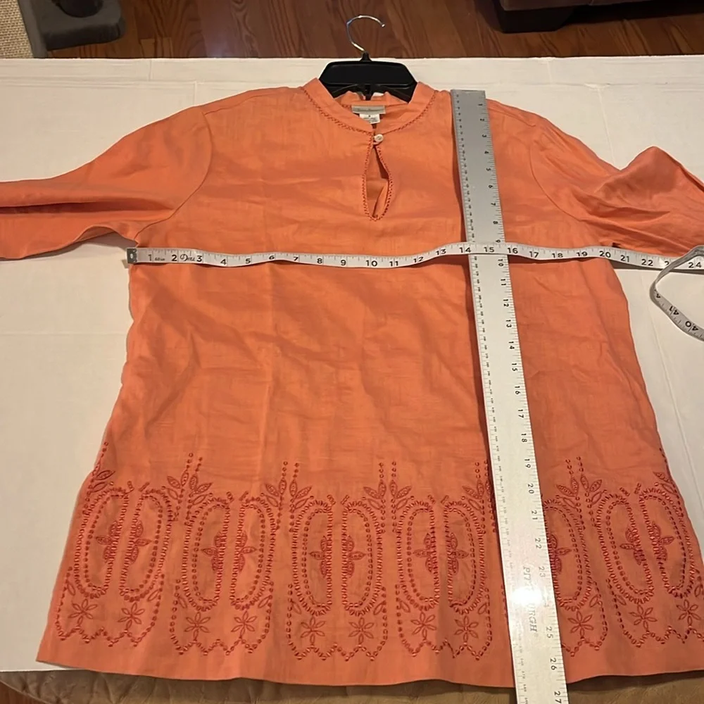 Neiman Marcus-S-Elegant Coral Skirt & long sleeve keyhole 100% linen tunic top.